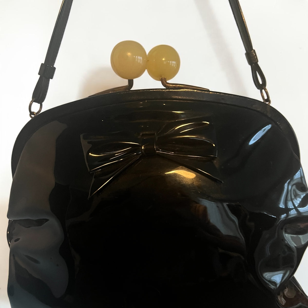 1950's Black Patent Leather Coronet Large Purse Lucite Circular Closures & Double Handle Straps