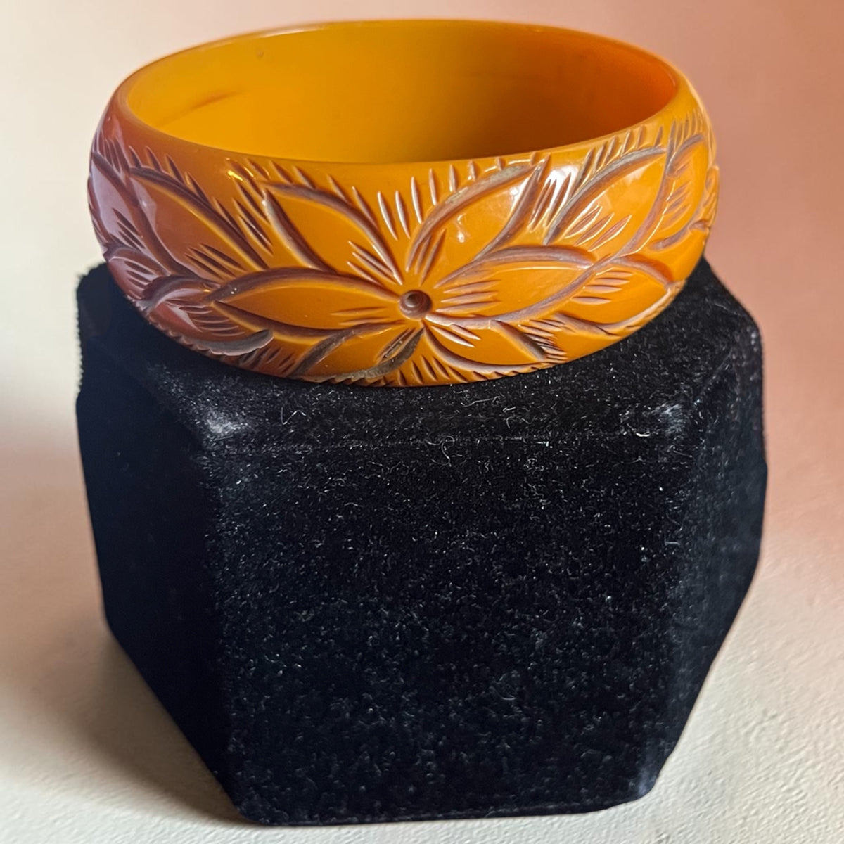 1940's Vintage Bakelite Rich Butterscotch Wide Heavy Floral Carved Bangle Bracelet Beautiful