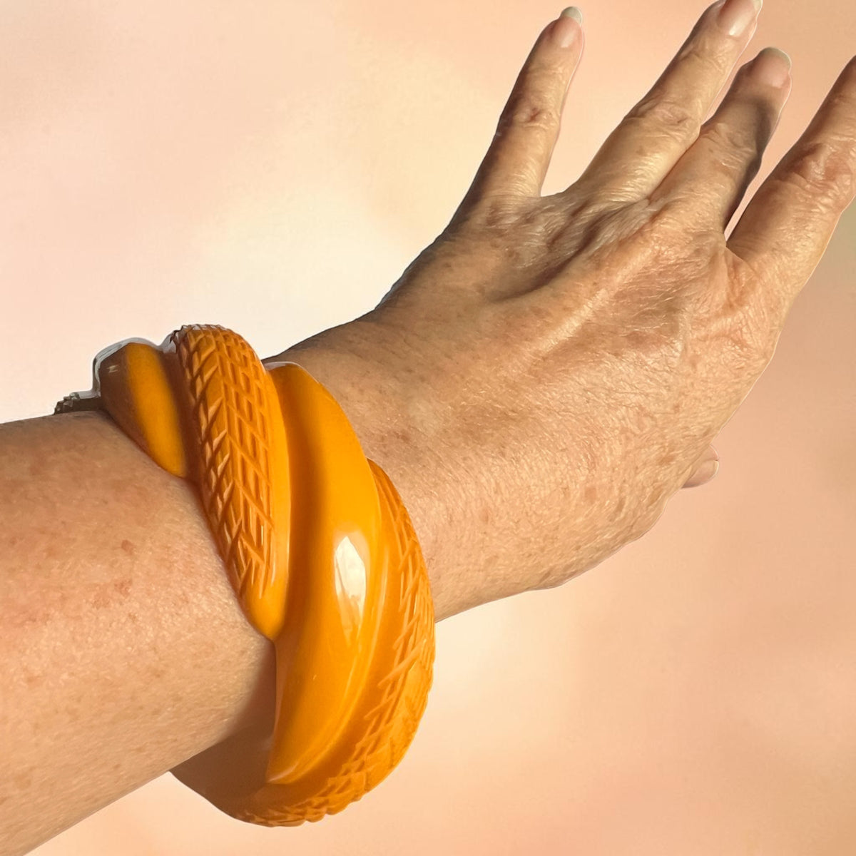 1940's Vintage Bakelite Butterscotch Wide Heavy Carved Bangle Bracelet Perfect
