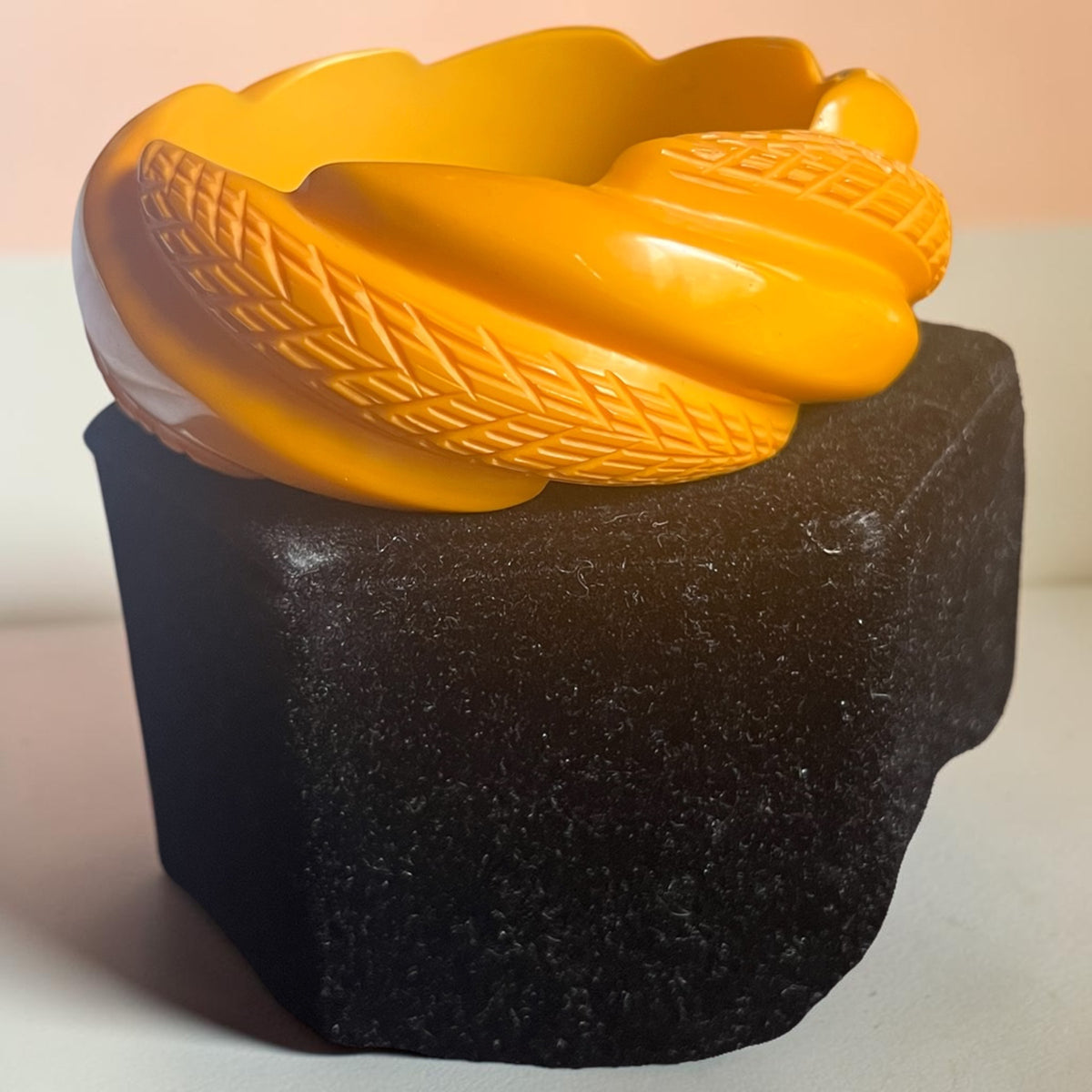 1940's Vintage Bakelite Butterscotch Wide Heavy Carved Bangle Bracelet Perfect