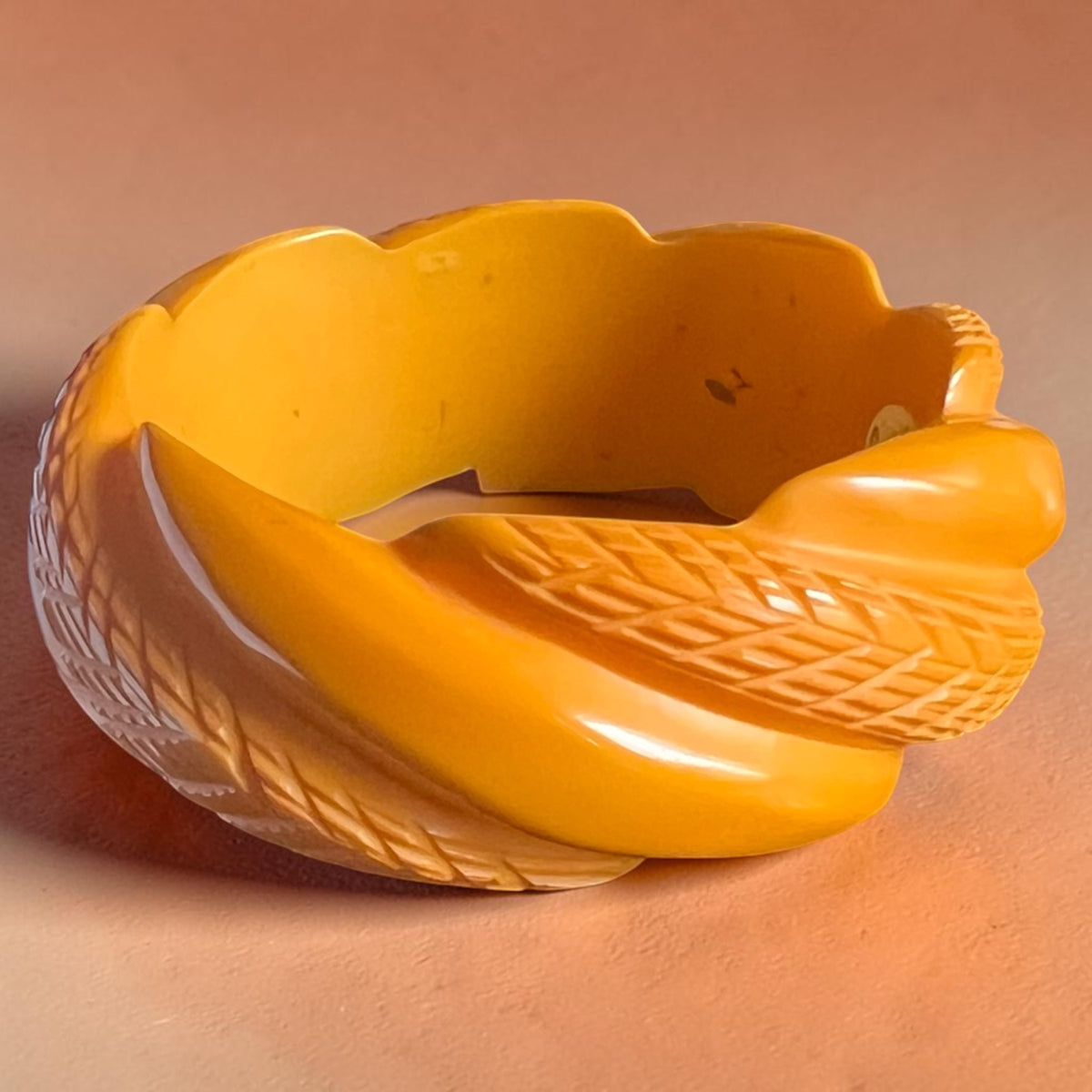 1940's Vintage Bakelite Butterscotch Wide Heavy Carved Bangle Bracelet Perfect