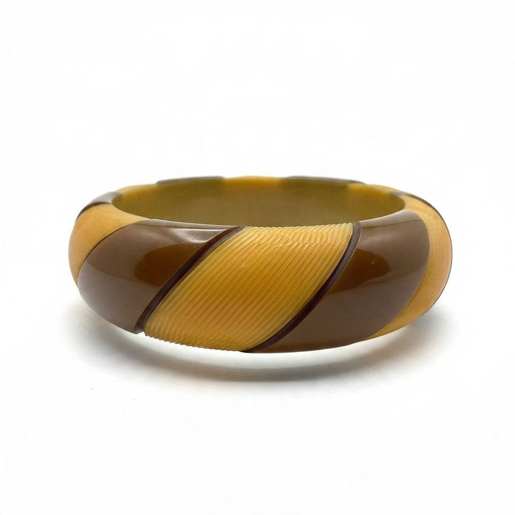 1940's Vintage Bakelite Rare Two Toned Stripe Carved Bangle Bracelet Perfect