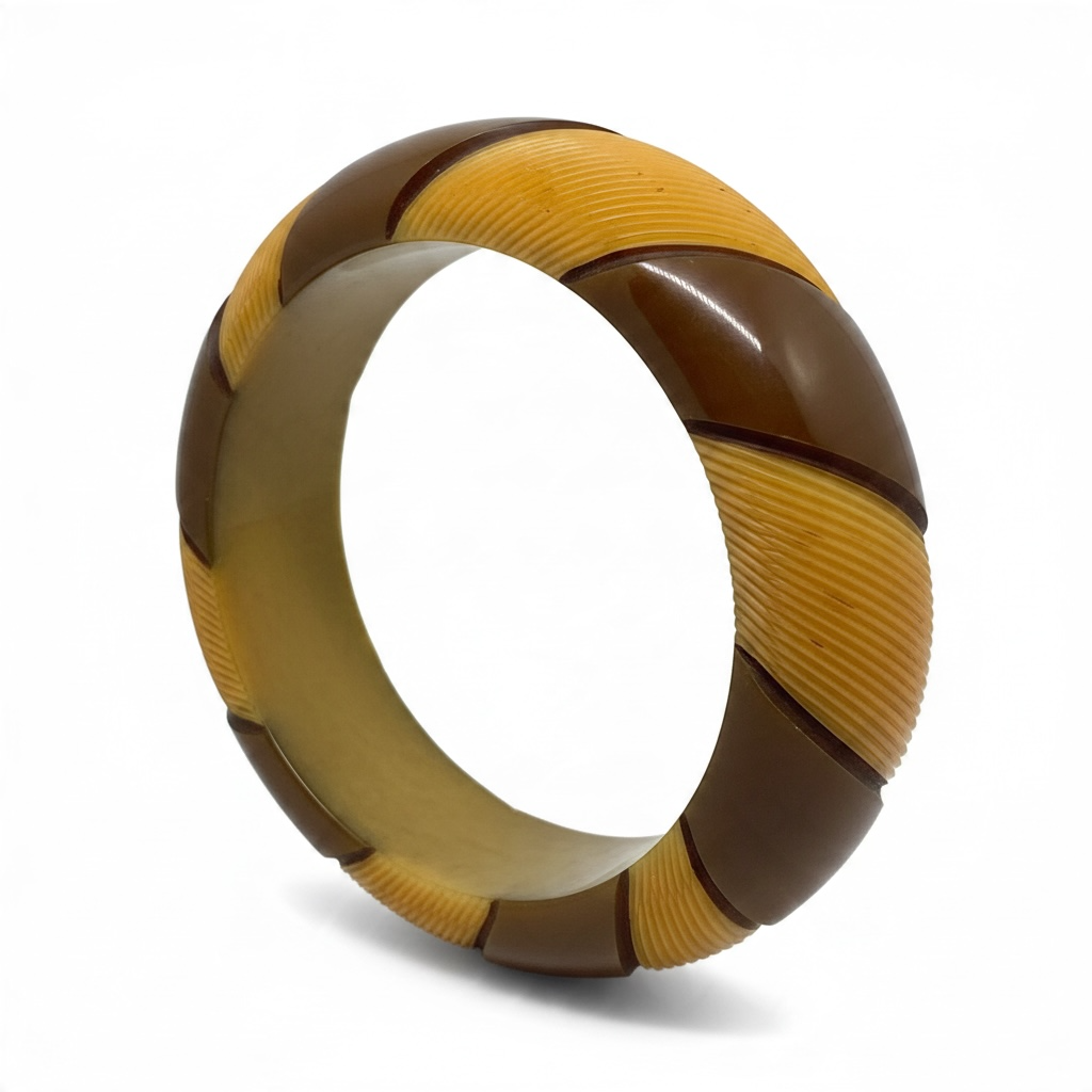 1940's Vintage Bakelite Rare Two Toned Stripe Carved Bangle Bracelet Perfect