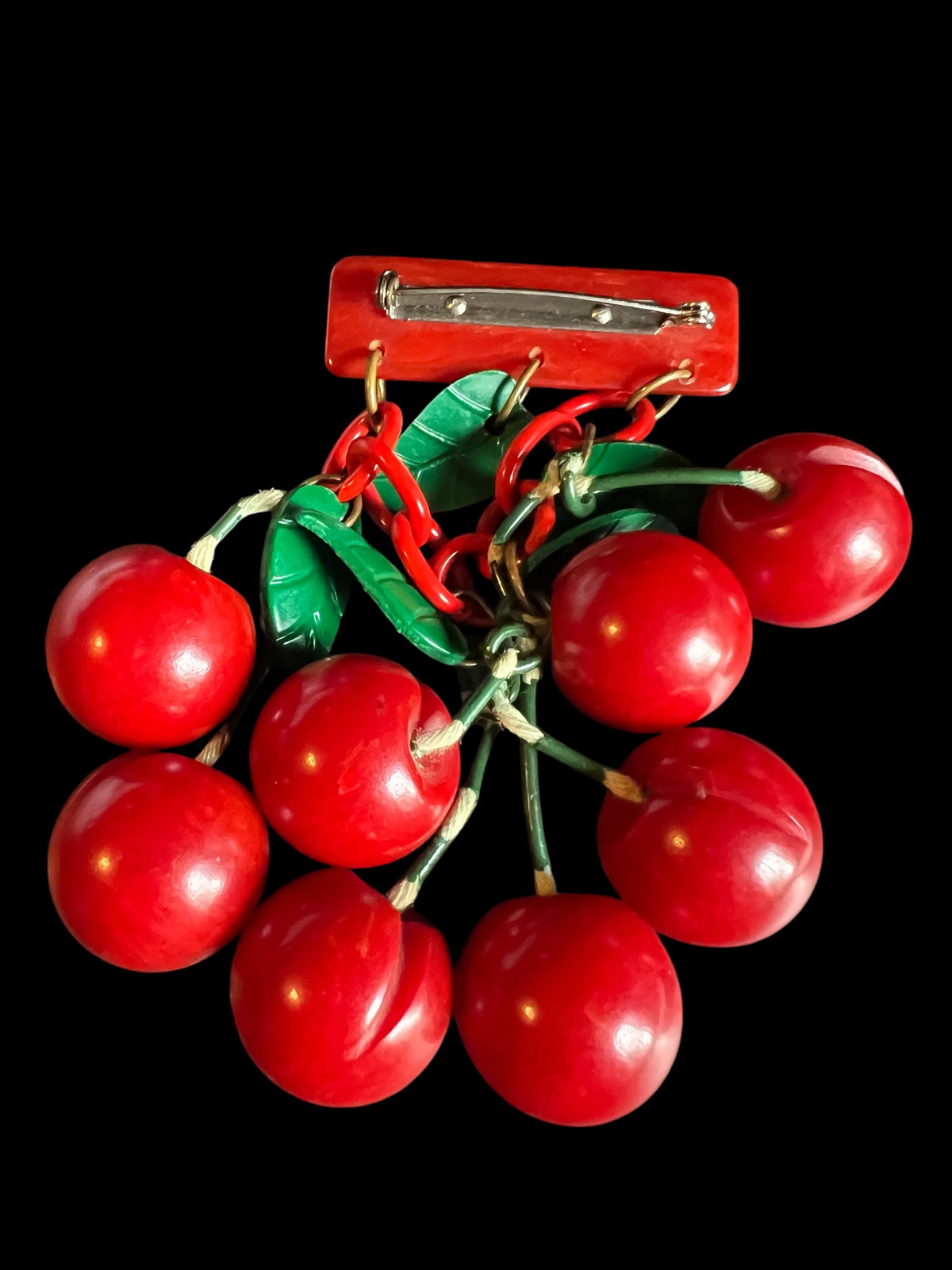1940's Very Rare Vintage Novelty Large Red Bakelite Carved Cherries Brooch Pin