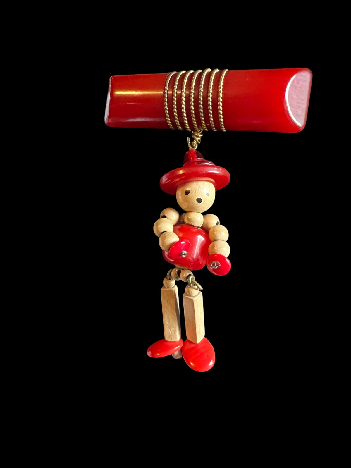 1940's Vintage Very Rare Novelty Red Bakelite & Wood Mexican Man Brooch Pin
