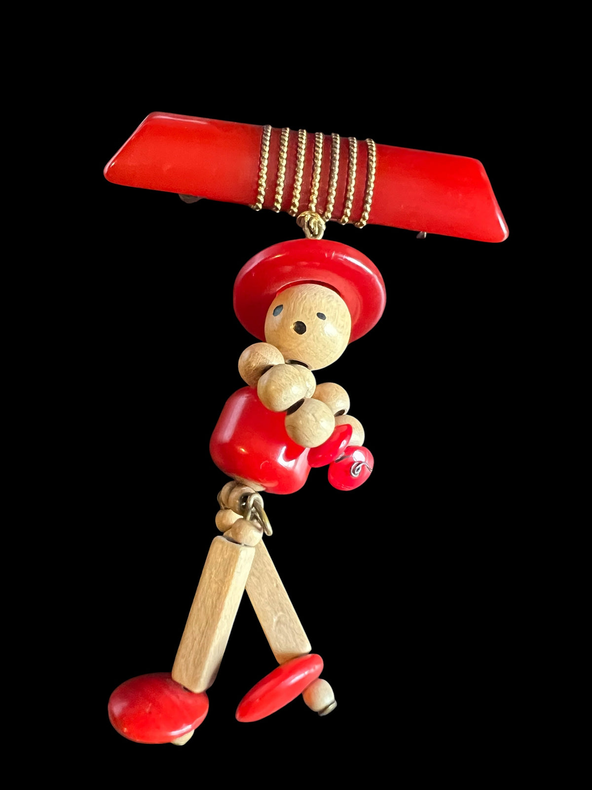 1940's Vintage Very Rare Novelty Red Bakelite & Wood Mexican Man Brooch Pin