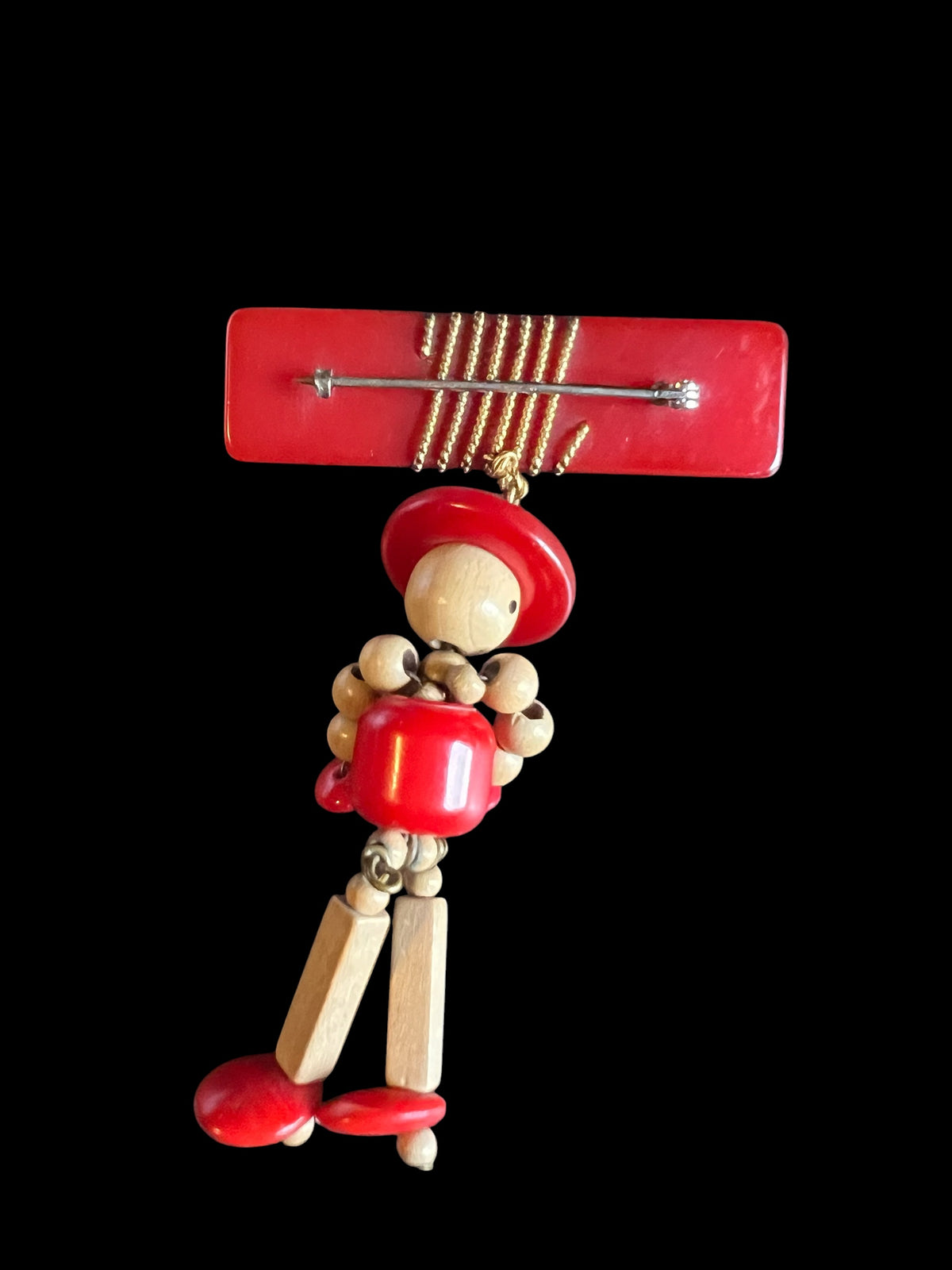1940's Vintage Very Rare Novelty Red Bakelite & Wood Mexican Man Brooch Pin