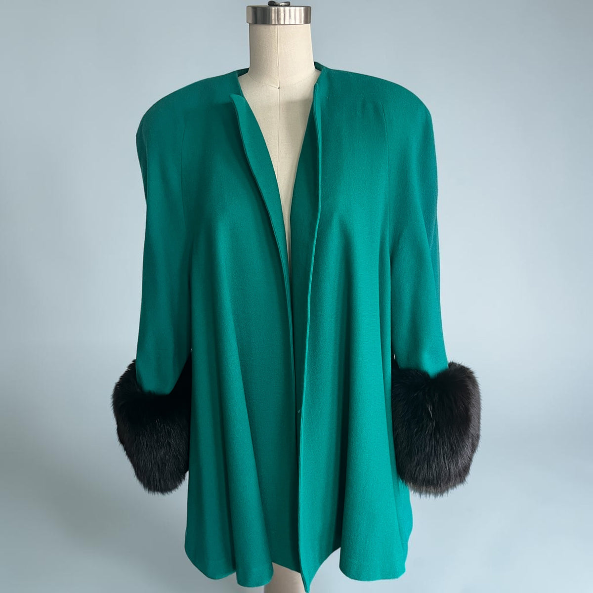 1980's Vintage Emerald Green Swing Coat with Wide Fox Fur Cuffs Size 14 Perfect