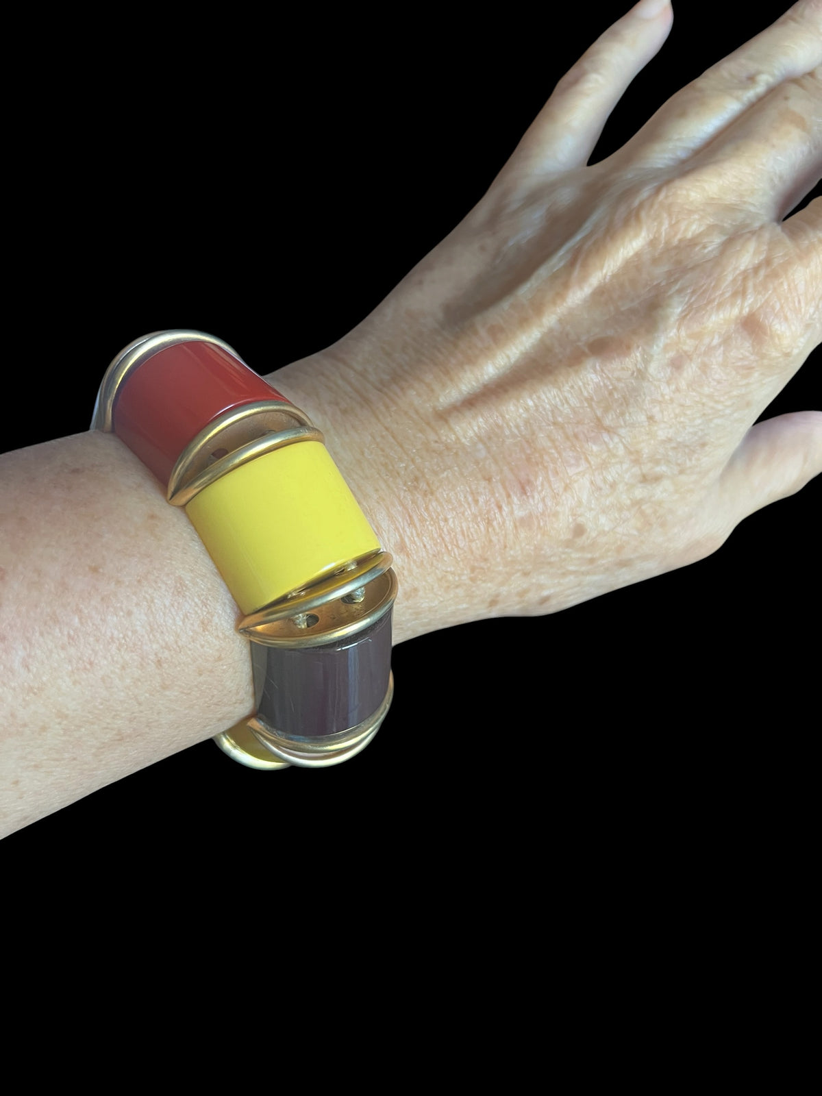 1940's Vintage Bakelite with Yellow Red & End of Day Chocolate Brown with Metal Spacers Stretch Bracelet