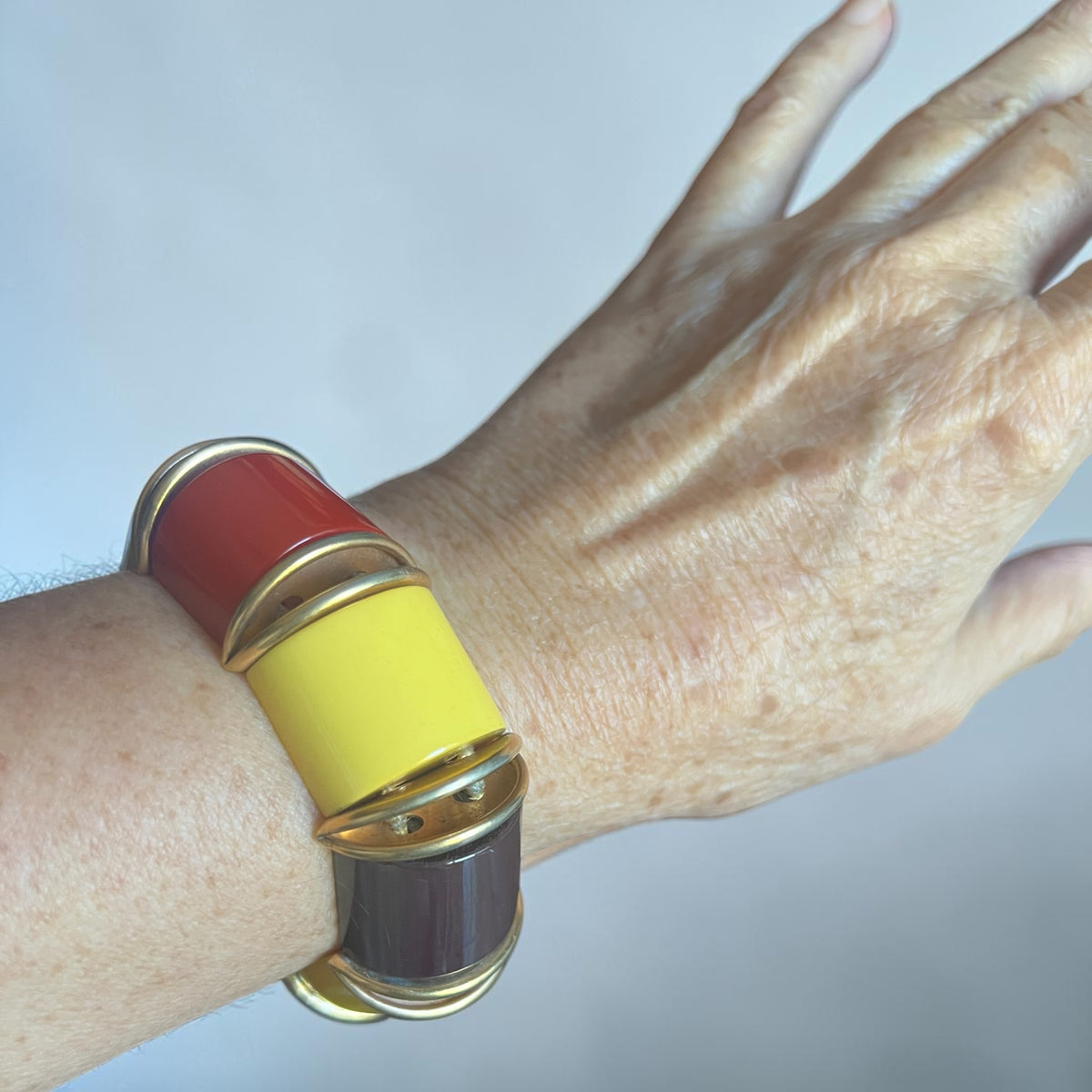 1940's Vintage Bakelite with Yellow Red & End of Day Chocolate Brown with Metal Spacers Stretch Bracelet