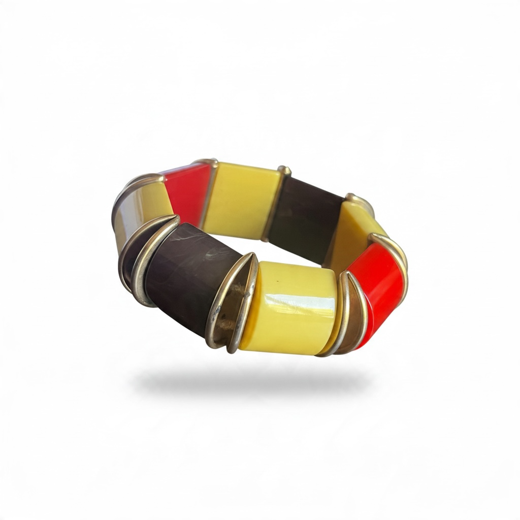 1940's Vintage Bakelite with Yellow Red & End of Day Chocolate Brown with Metal Spacers Stretch Bracelet