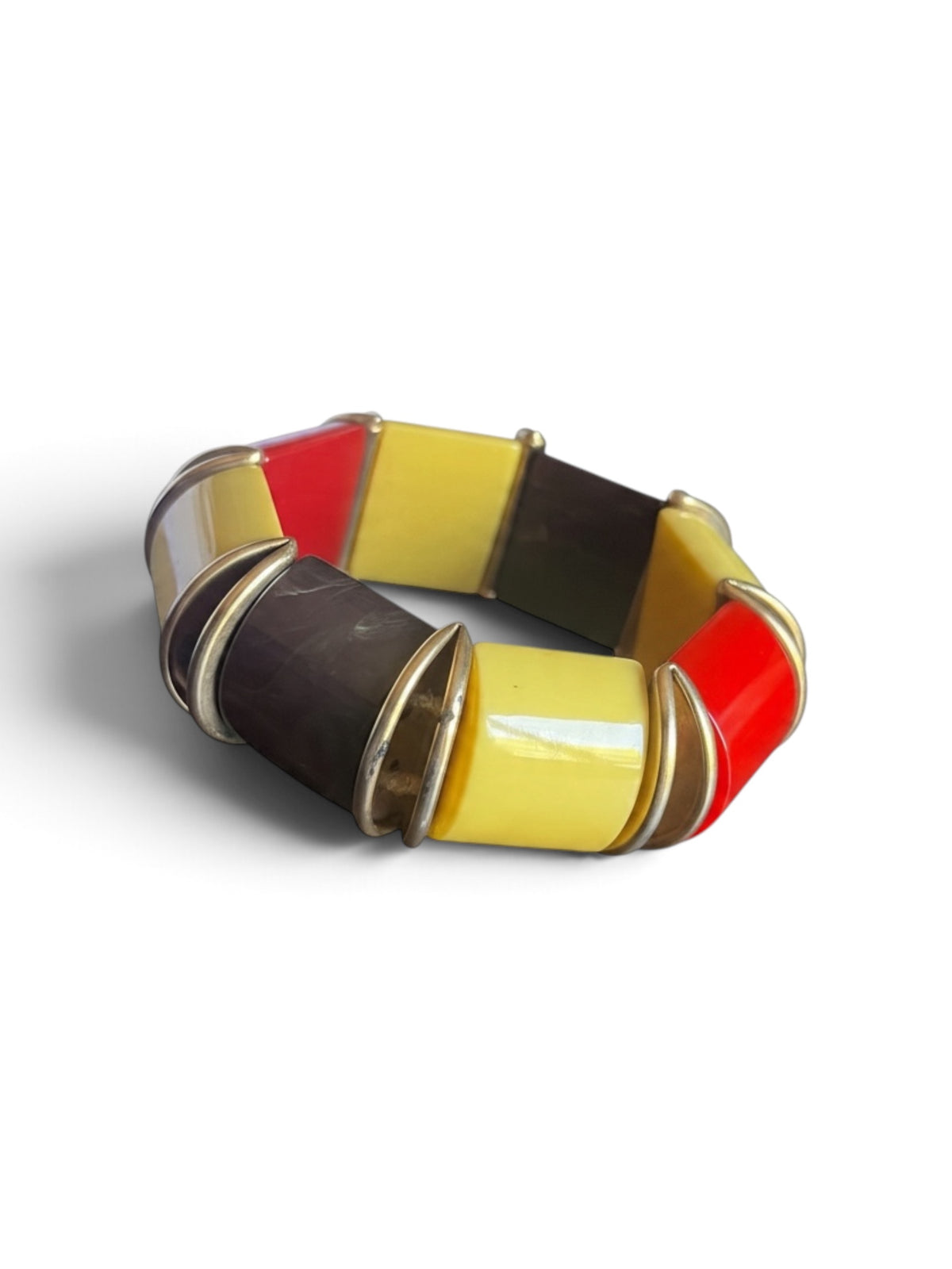 1940's Vintage Bakelite with Yellow Red & End of Day Chocolate Brown with Metal Spacers Stretch Bracelet