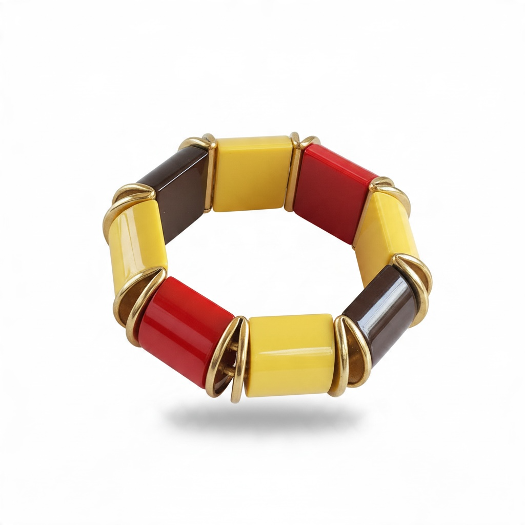 1940's Vintage Bakelite with Yellow Red & End of Day Chocolate Brown with Metal Spacers Stretch Bracelet