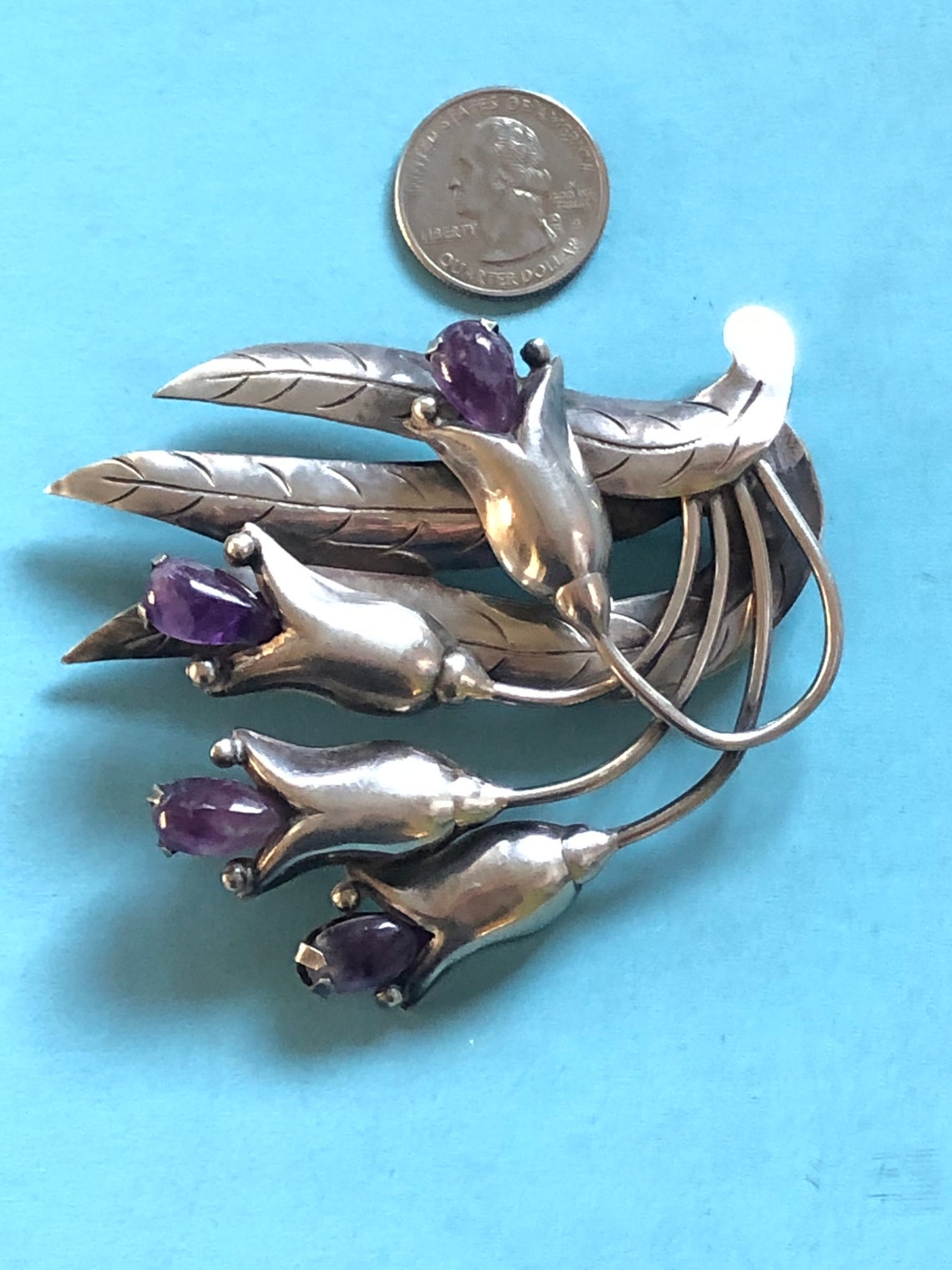 Gorgeous 1940 1950 Huge Sterling and Amethyst Made in Mexico Brooch Perfection