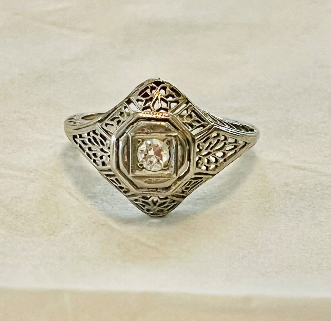 SOLD! 1800 1900 Antique Estate 14k White Gold 1/4ct Diamond Filigree Ring Perfect