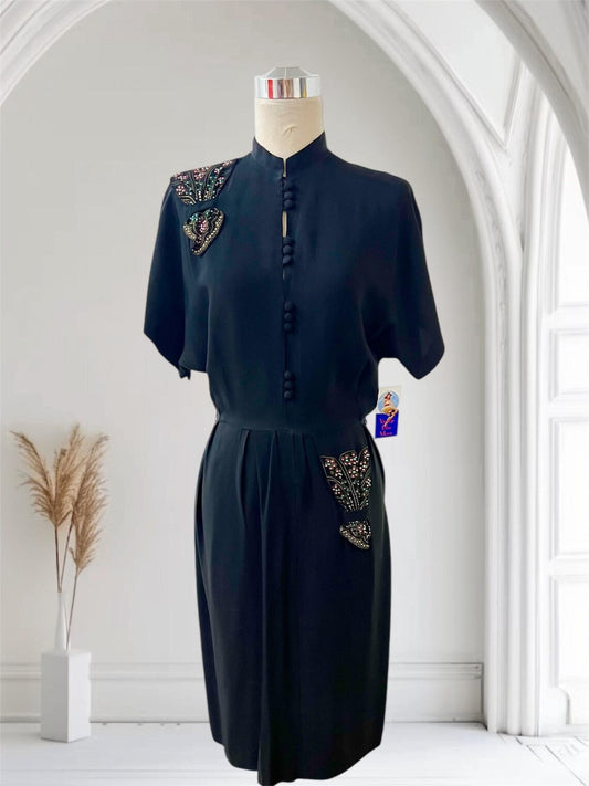 1940s Vintage Silky Black Crepe Dress with Floral Multi Color Steal Bead Design Perfect