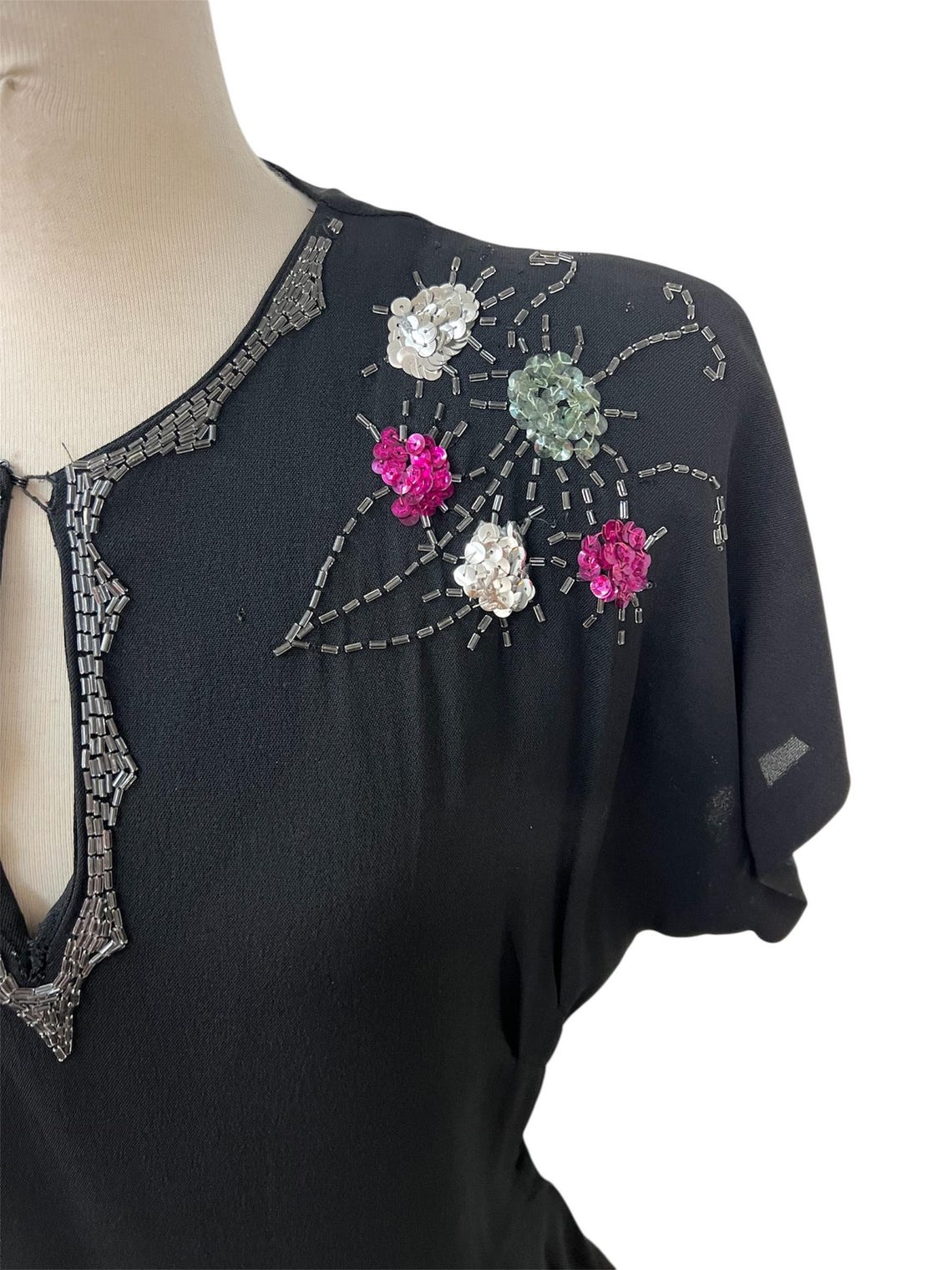 1940s Vintage Black Crepe Evening Dress with Beading & Floral Design Sequins at Shoulder