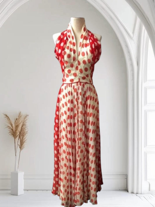 1950 Vintage Red Polka Dot Flowing 1950's Chiffon Long Dress Party Dress