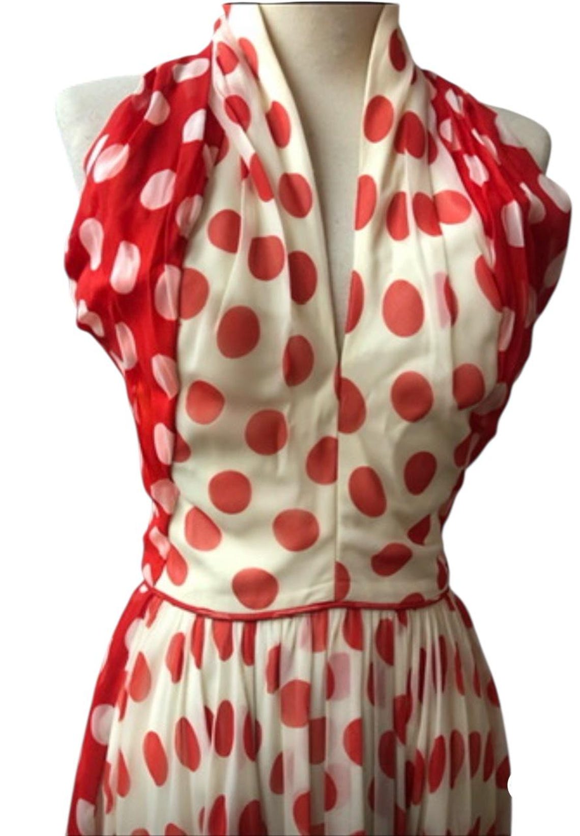 1950 Vintage Red Polka Dot Flowing 1950's Chiffon Long Dress Party Dress
