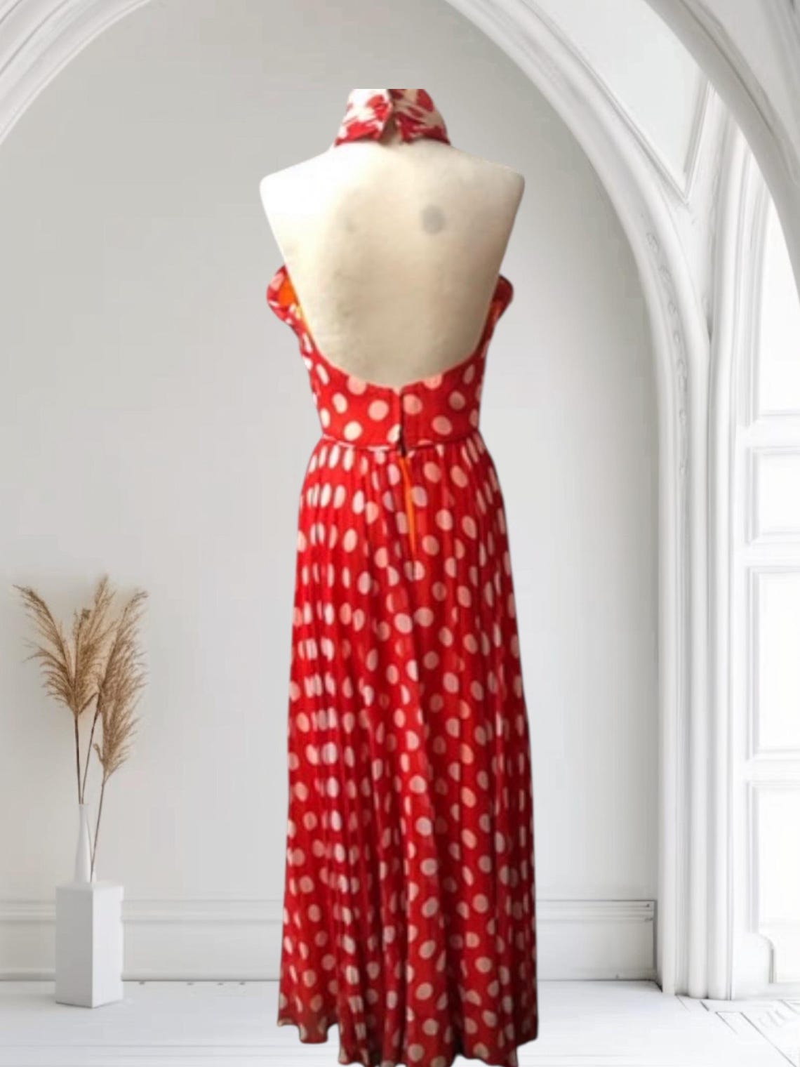1950 Vintage Red Polka Dot Flowing 1950's Chiffon Long Dress Party Dress