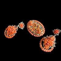 Antique Victorian Branch Coral Brooch & Chandelier Earrings on Elaborate Filigree Brass