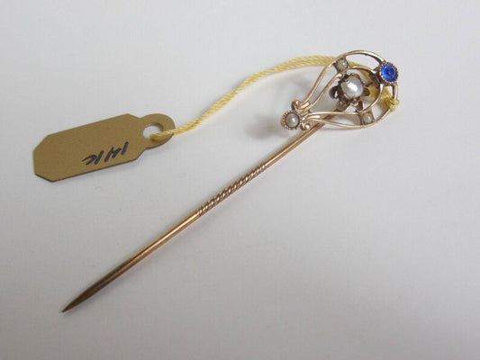 SOLD! VTG 1920 1930 Art Deco Antique 14K Gold Stick Pin Lapel Pin Seed Pearls Sapphire