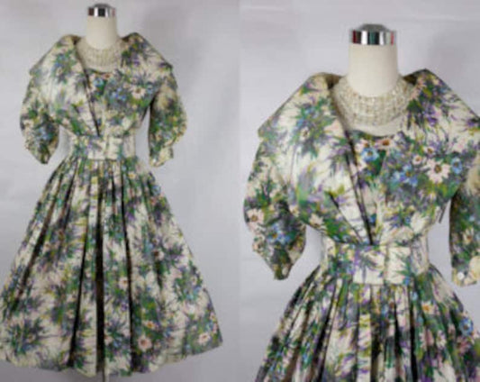 1950's Vintage Green and White Floral Dress with Mutton Sleeves and Wide Collar