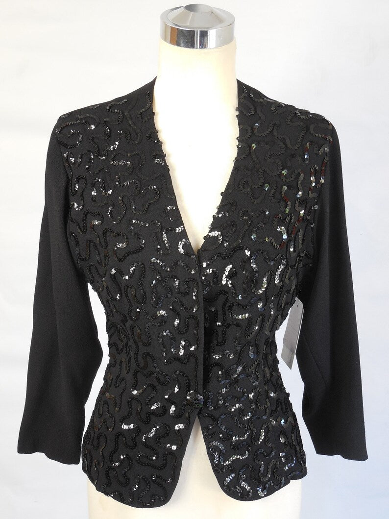 1940 Vintage Rich Black Crepe Blouse Label Nancy Parke Wilshire with Sequins Gorgeous and Perfect