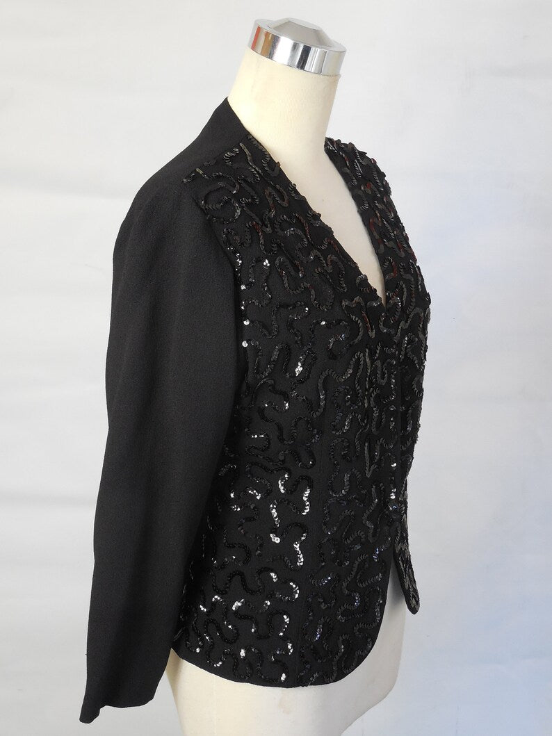 1940 Vintage Rich Black Crepe Blouse Label Nancy Parke Wilshire with Sequins Gorgeous and Perfect