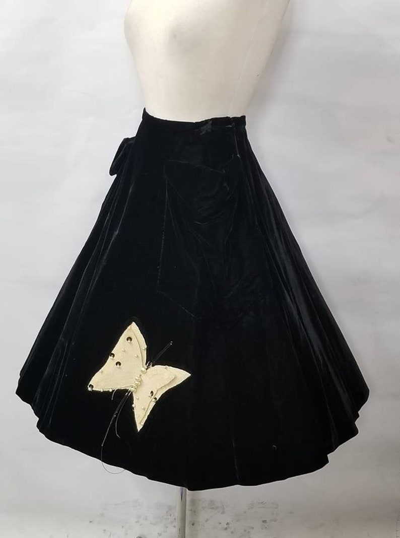 1950 Vintage Silk Velvet Skirt with Movable Butterfly Applique Perfect