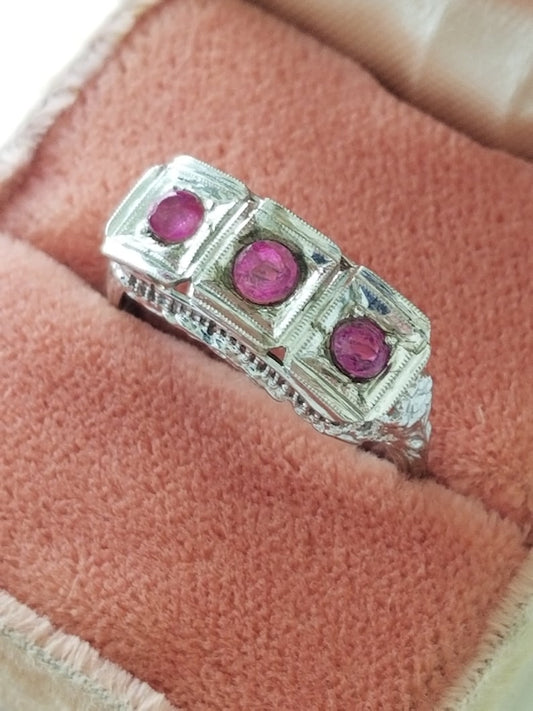 Antique Victorian Estate 1800's 1900's 14k Gold Three Rubies Filigree Ring