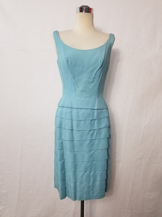 1950 Vintage Louis Feraud Teal Blue Linen Cocktail Wiggle Dress Gorgeous