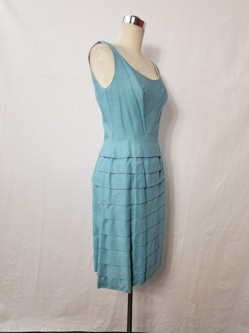 1950 Vintage Louis Feraud Teal Blue Linen Cocktail Wiggle Dress Gorgeous