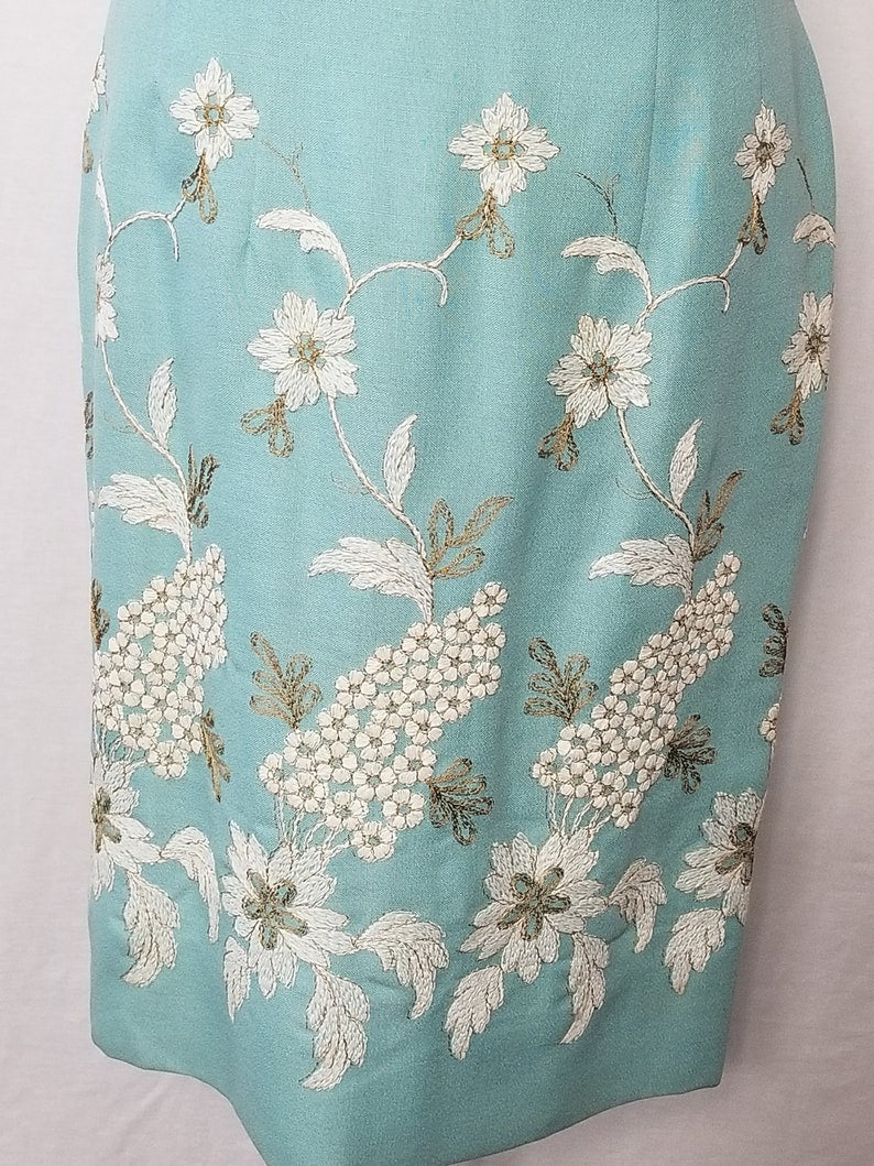 1960 Vintage Teal Blue Linen Blend Cocktail Wiggle Dress Perfect