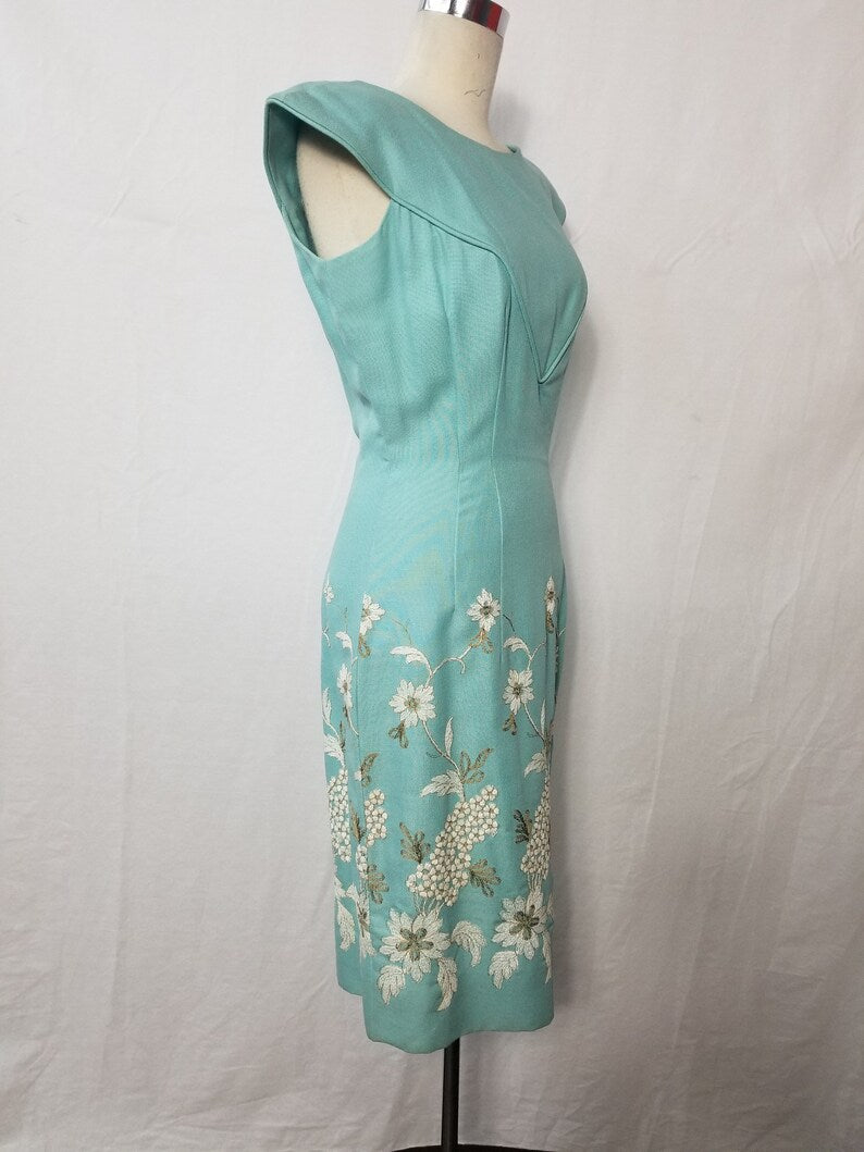 1960 Vintage Teal Blue Linen Blend Cocktail Wiggle Dress Perfect