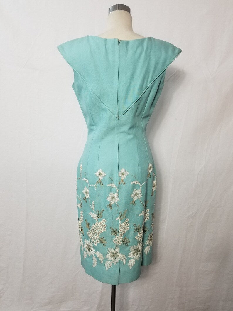 1960 Vintage Teal Blue Linen Blend Cocktail Wiggle Dress Perfect