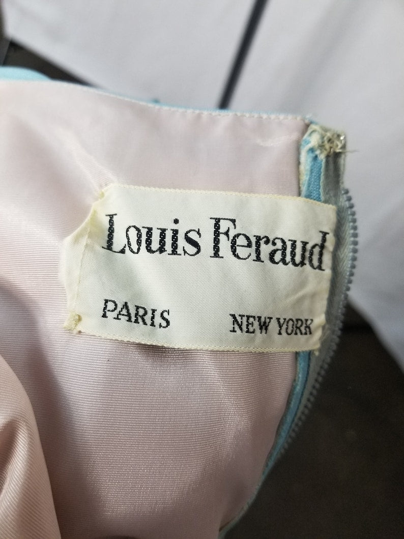 1950 Vintage Louis Feraud Teal Blue Linen Cocktail Wiggle Dress Gorgeous