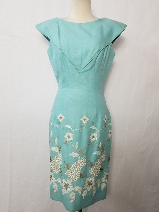 1960 Vintage Teal Blue Linen Blend Cocktail Wiggle Dress Perfect