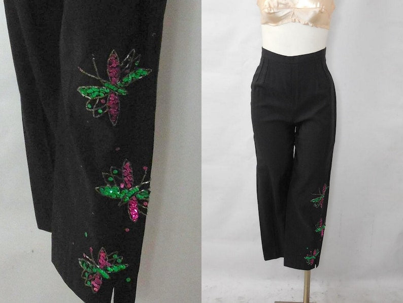 1950 Vintage Capri's Peddle Pushers Pants Sequined Butterfly Design Gorgeous