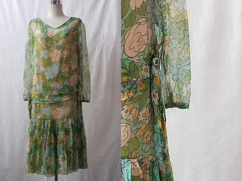 1920's Vintage Lovely Chiffon Floral Pastel Dress So Beautiful