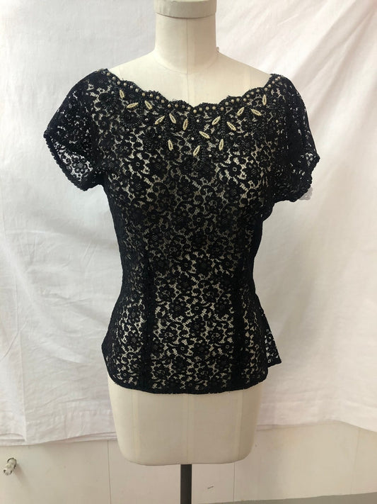 1950 Vintage Black Lace Blouse with Faux Pearl and Rhinestone Embellishments Perfect