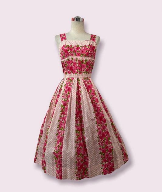 1950's Vintage Wide Strap Shelf Bust Summer Dress With Pink Morning Glory Print