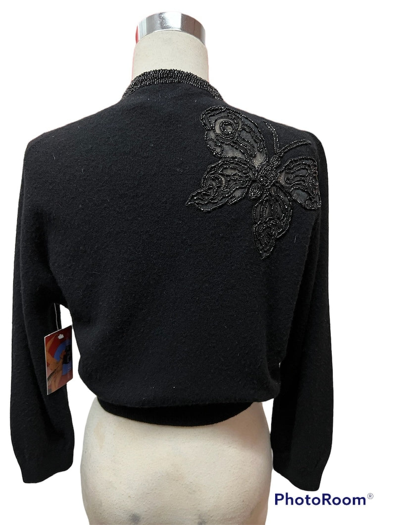 1950 Vintage Black Beaded Soft Sweater with Butterfly Lace Cutouts Perfect