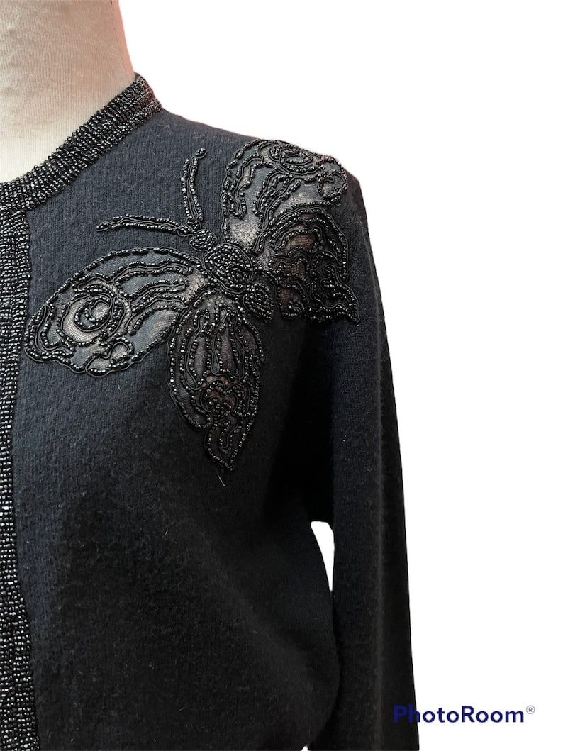 1950 Vintage Black Beaded Soft Sweater with Butterfly Lace Cutouts Perfect