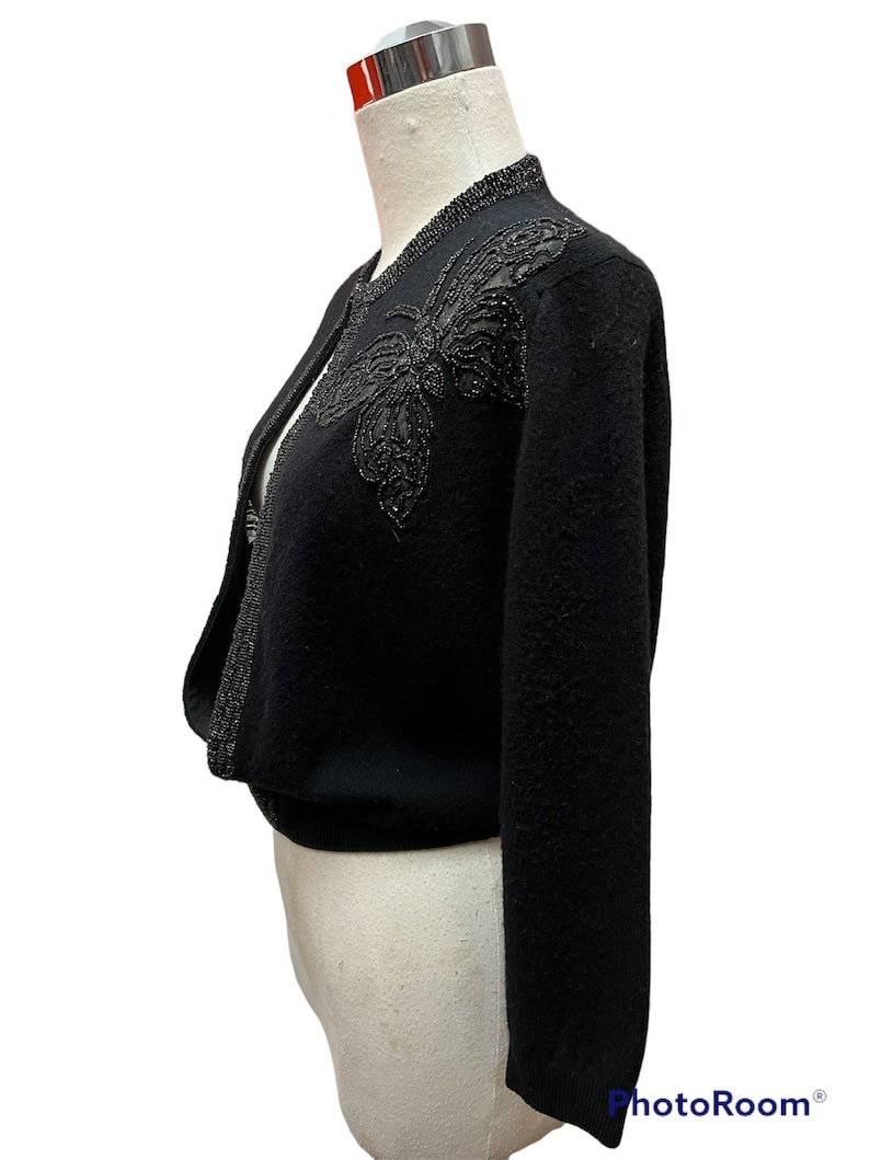 1950 Vintage Black Beaded Soft Sweater with Butterfly Lace Cutouts Perfect