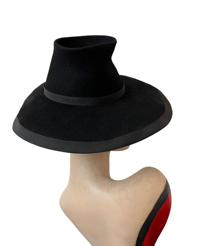 SOLD! 1940's Vintage Wide Brim High Crown Hat Deep Rich Black Wool Felt Fabulous Very Desired