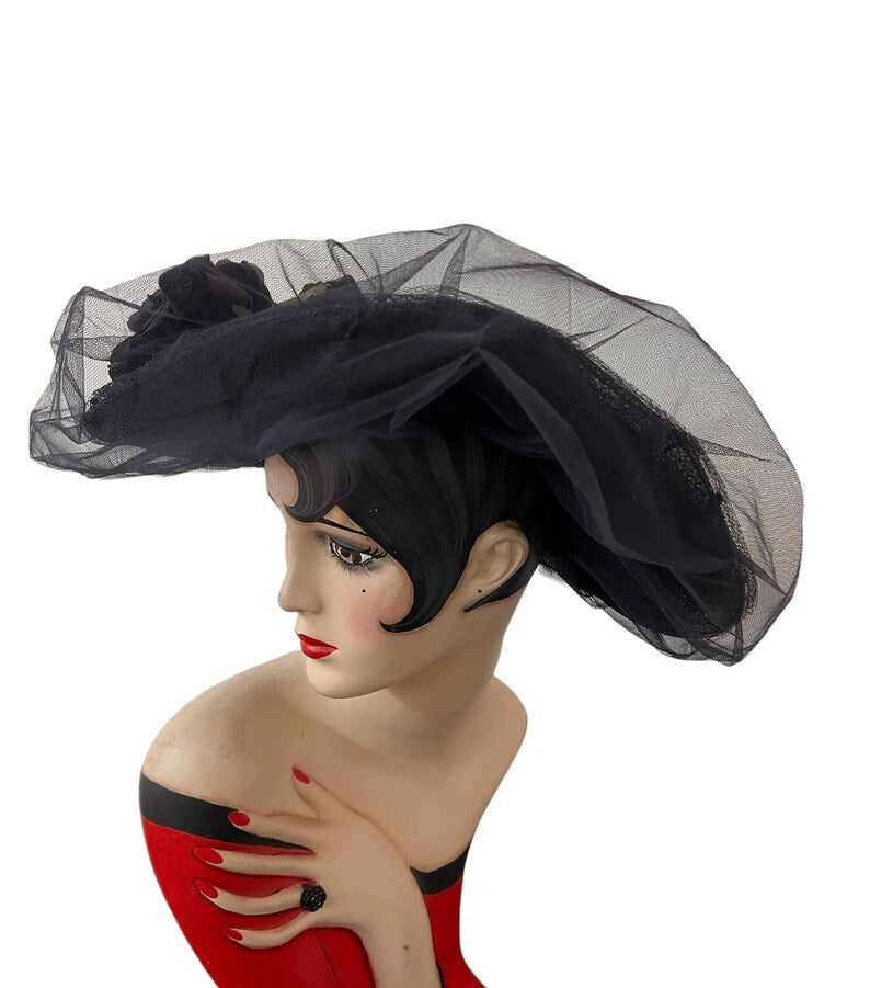 SOLD!1940's Vintage Wide Brim Navy Blue Straw & Tulle Open Crown Original Silk Rose Hat