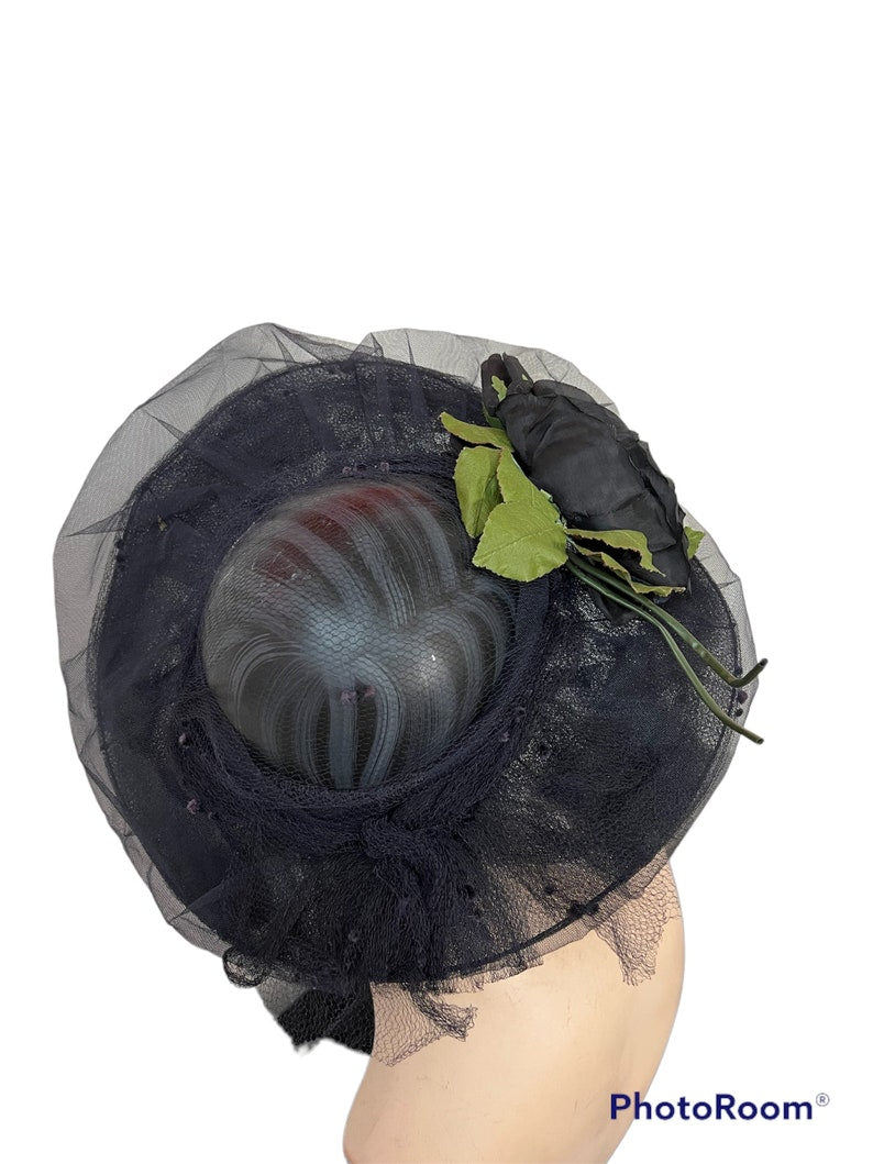 SOLD!1940's Vintage Wide Brim Navy Blue Straw & Tulle Open Crown Original Silk Rose Hat