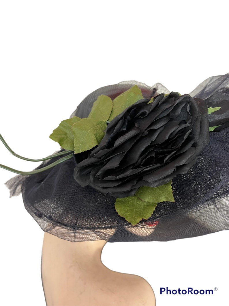 SOLD!1940's Vintage Wide Brim Navy Blue Straw & Tulle Open Crown Original Silk Rose Hat