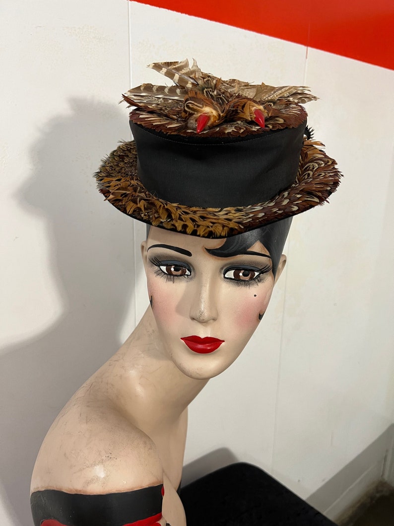 SOLD! 1930 1940 Vintage Pheasant Feather Tilt Hat on Deep Rich Black Wool Felt Fabulous Very Desired